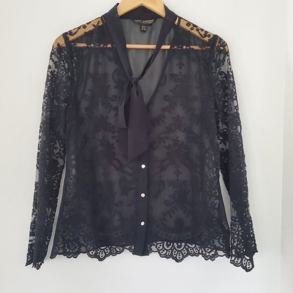 LIPSY LONDON Sz 10 Sheer Black Lace LS Button Up Blouse Whimsigoth Dark Romance